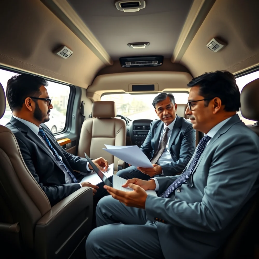 Business executives working inside a comfortable chauffeur-driven van