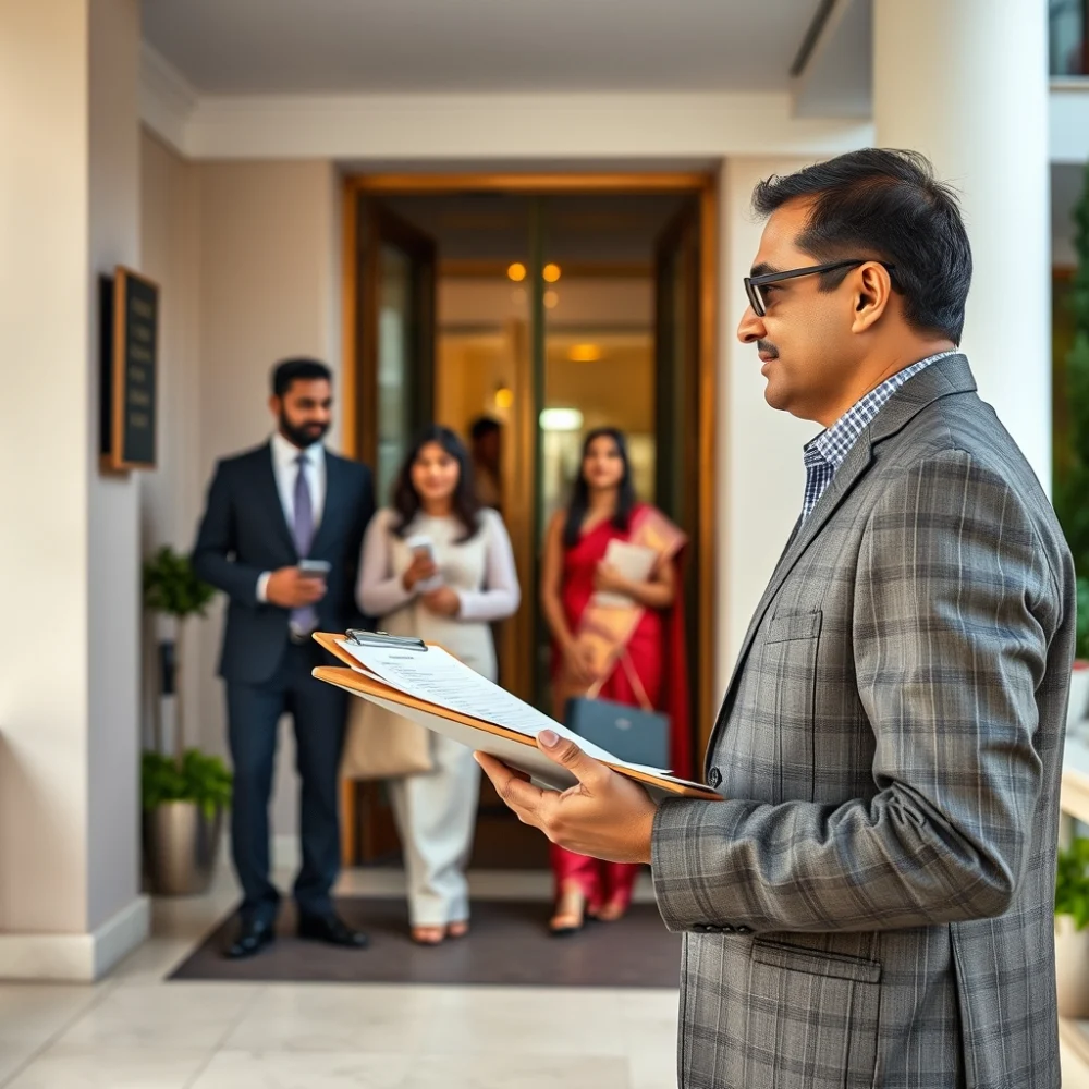 Event coordinator checking the guest list as delegates arrive