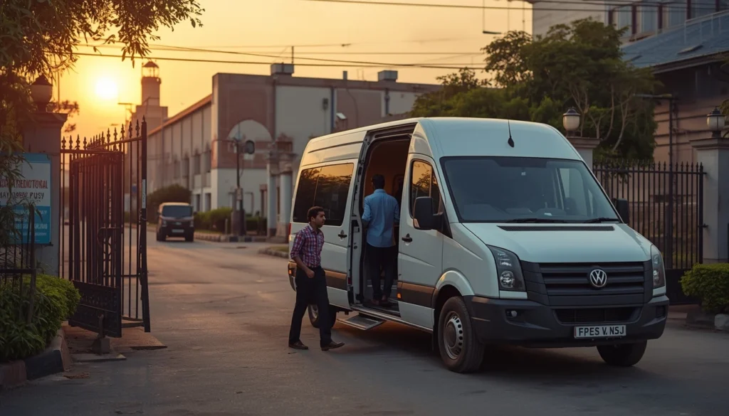 Employee transportation planning - staff boarding a van at a campus gate