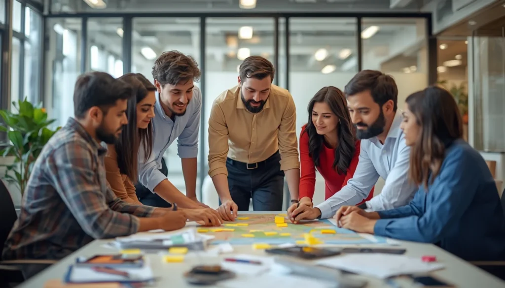 Office team planning a group trip with a map