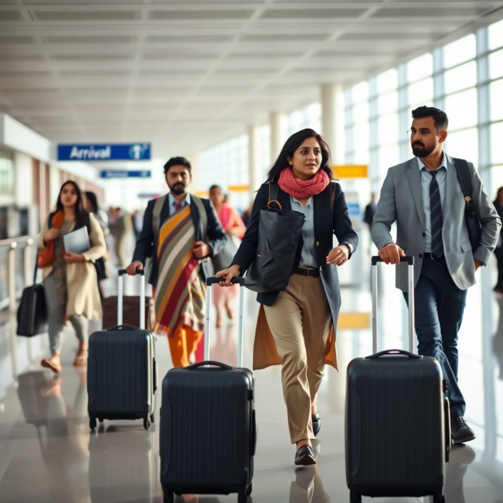 Business travellers with luggage walking through an airport arrival hall