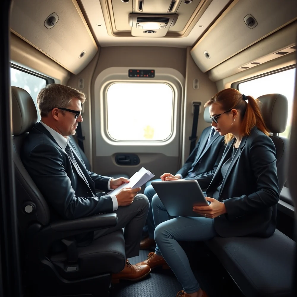 Business guests working comfortably inside a premium van cabin