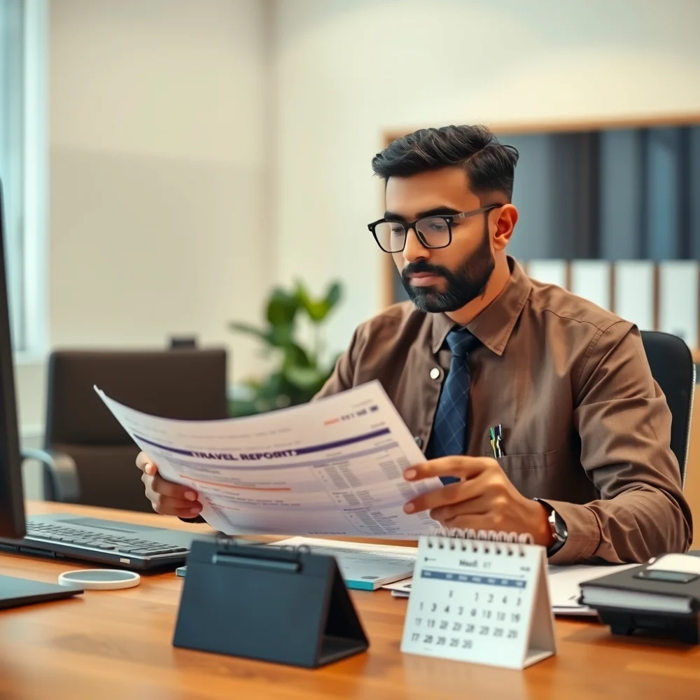 Manager reviewing company travel expenses and approvals