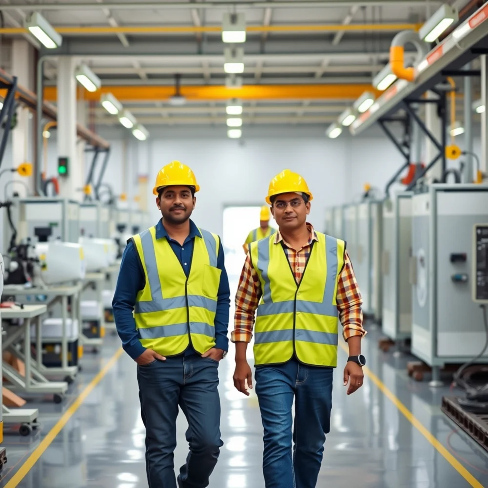 Engineers guiding visitors on a factory floor