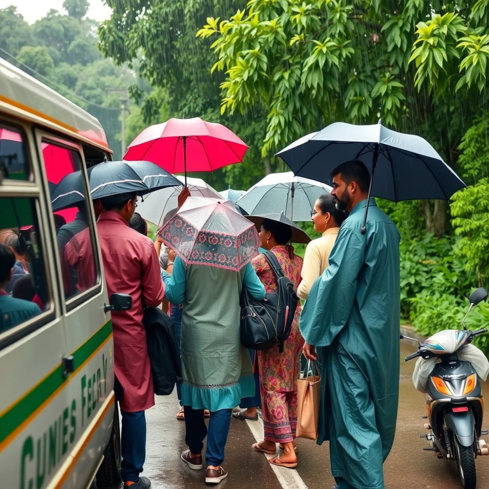 Travellers with umbrellas boarding a van during light monsoon rain
