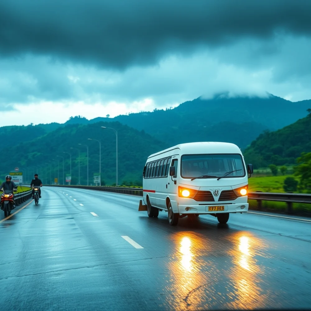 Monsoon travel tips - van driving on a wet Tamil Nadu highway in the rain