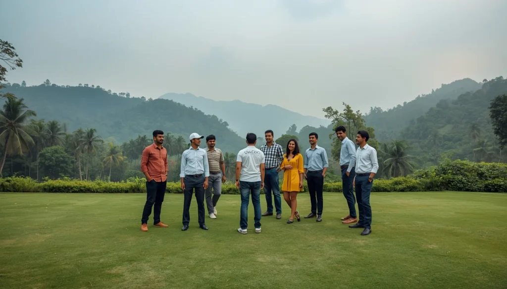 Team offsite near Salem with colleagues on a hill resort lawn