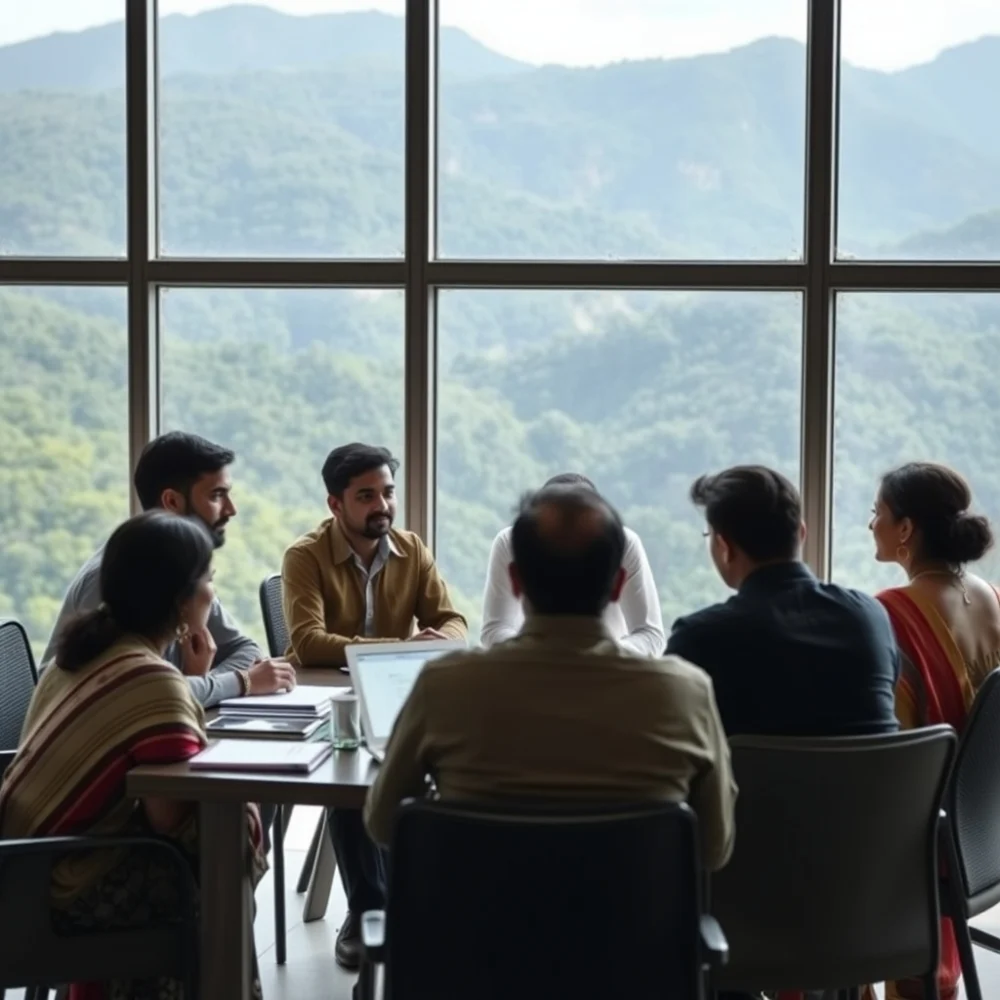 Corporate team workshop at a hill resort overlooking green mountains